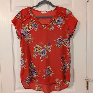 Pleione Red and Orange Cap Sleeve Relaxed Blouse